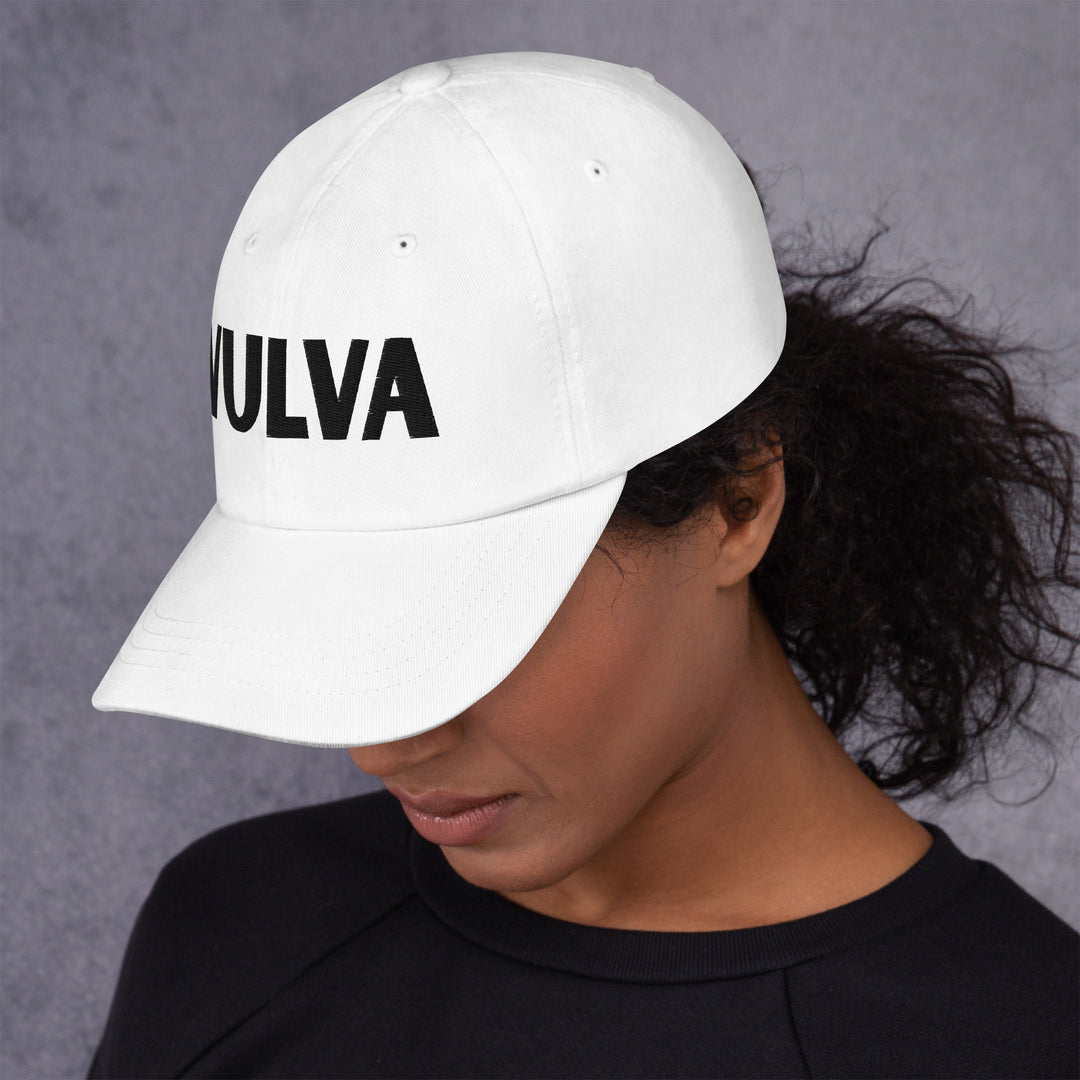 VULVA Dad Cap (Black Text), white colorway, left side view | MOTHERLODE