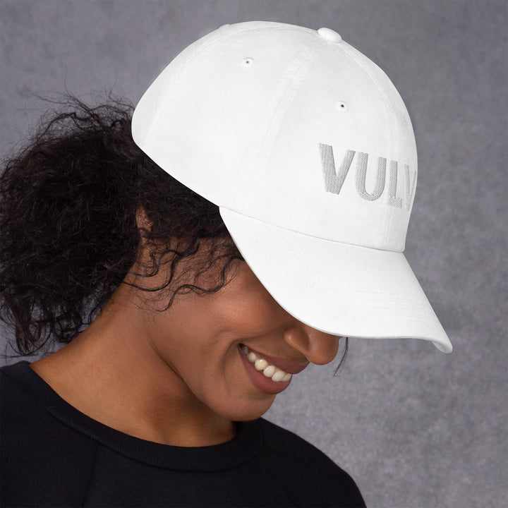 VULVA Dad Cap (White Text), white colorway, right side view | MOTHERLODE