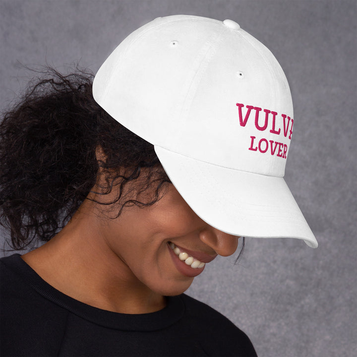 Vulva Lover Dad Cap (Pink Text), white colorway, right side view | MOTHERLODE