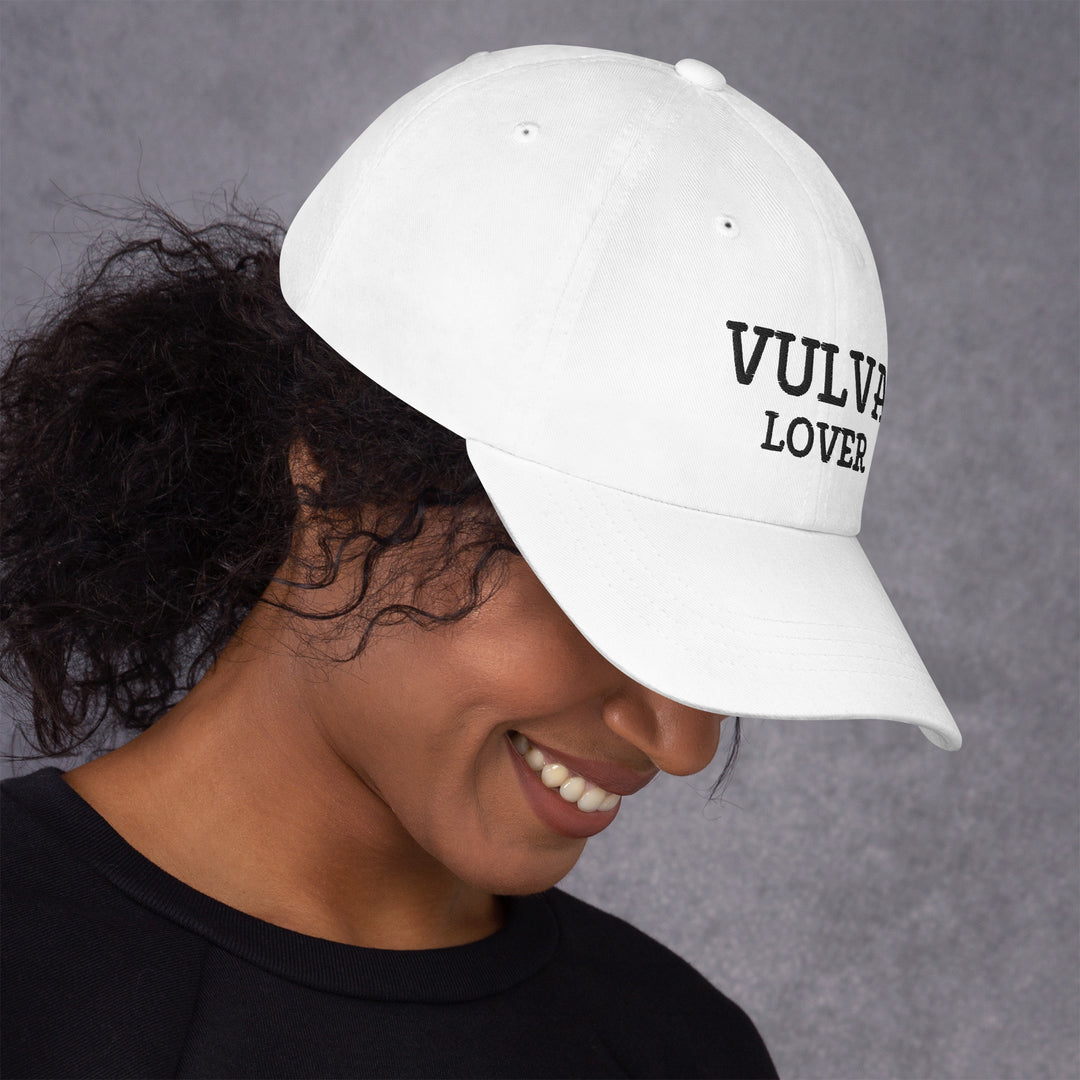 Vulva Lover Dad Cap (Black Text), white colorway, right side view | MOTHERLODE