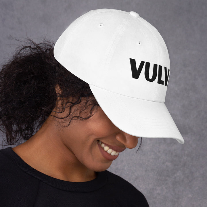 VULVA Dad Cap (Black Text), white colorway, right side view | MOTHERLODE