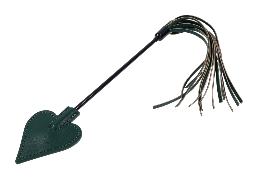 Emerald green crop with a spade-shaped tip at one end and faux leather falls at the other