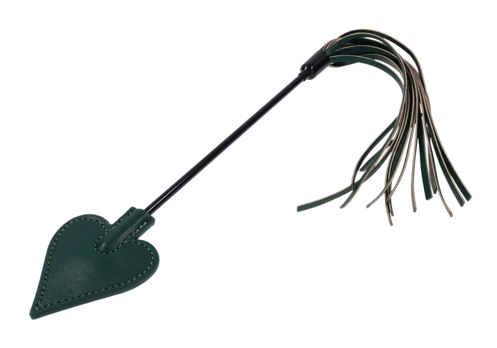 Emerald green crop with a spade-shaped tip at one end and faux leather falls at the other