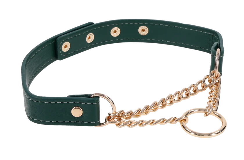 Emerald green faux leather day collar with a gold chain drape and centered gold ring