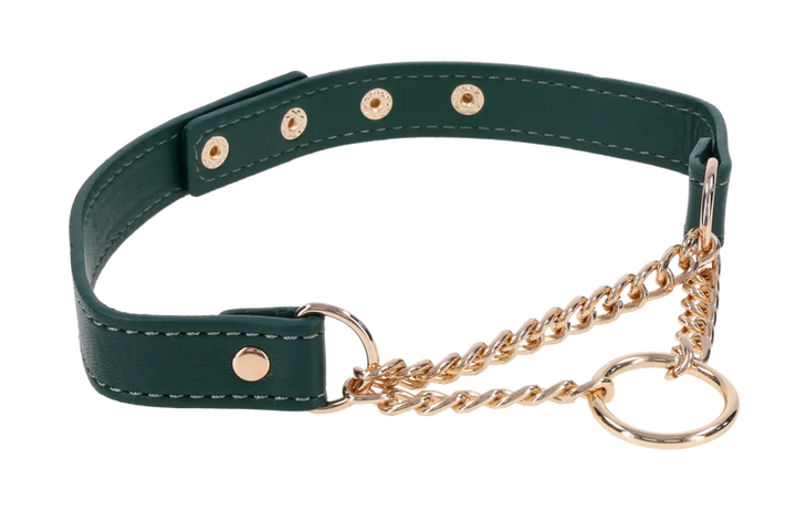 Emerald green faux leather day collar with a gold chain drape and centered gold ring