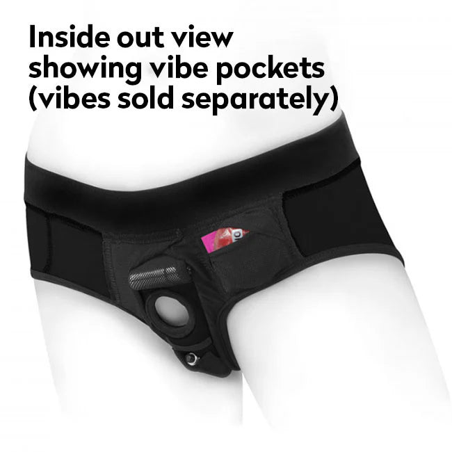SpareParts Tomboii Rayon Brief Harness | Strapless Harness With Mini-Vibe Pockets, black colorway | MOTHERLODE