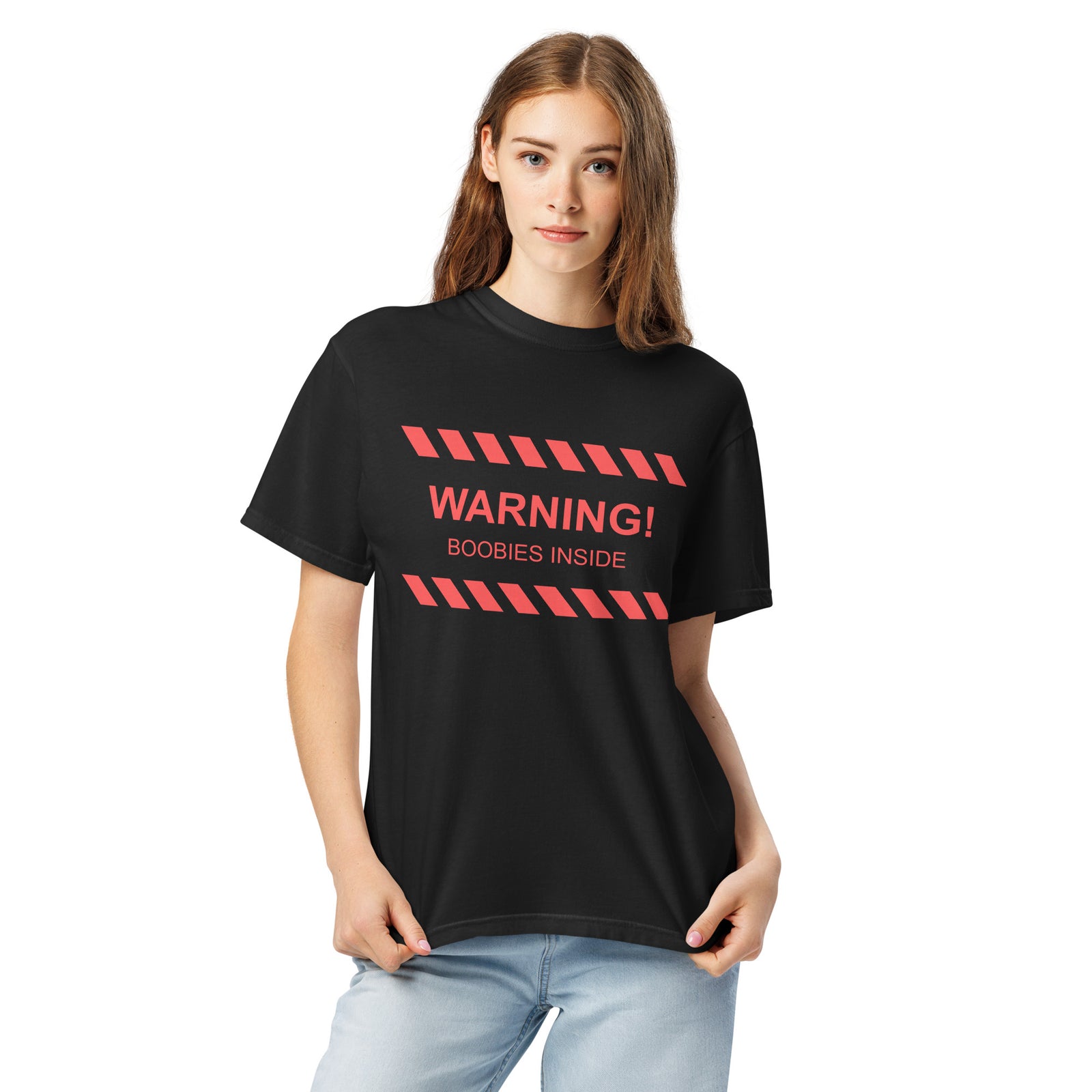 "WARNING! Boobies Inside" T-Shirt, black colorway, front view | MOTHERLODE