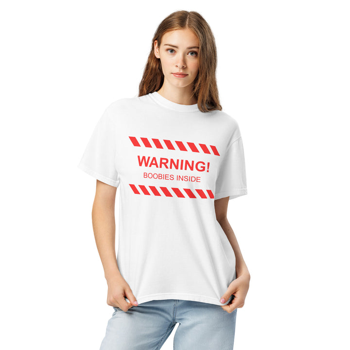 "WARNING! Boobies Inside" T-Shirt, white colorway, front view | MOTHERLODE