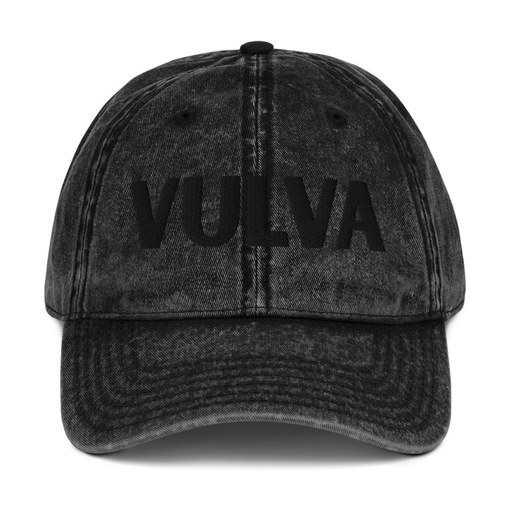 VULVA Vintage Dad Cap (Black Text), black colorway, front view | MOTHERLODE