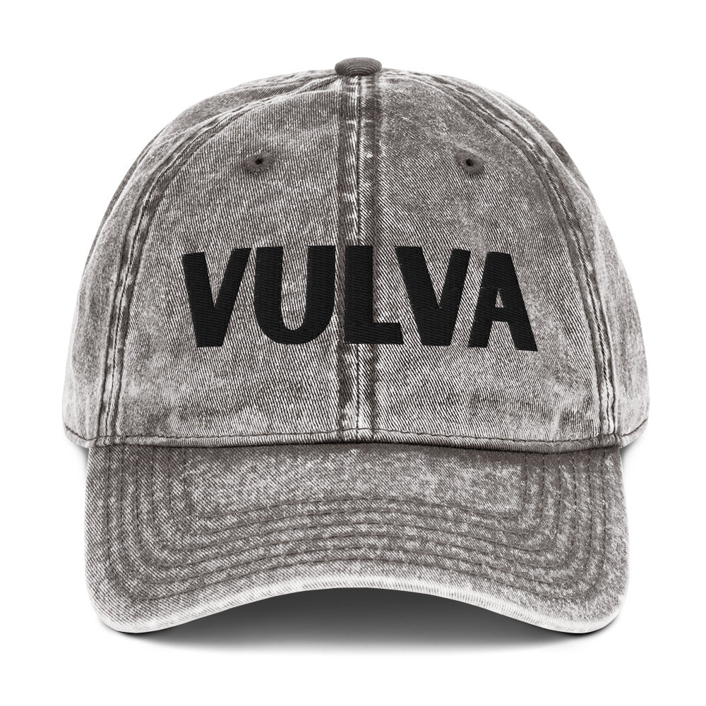 VULVA Vintage Dad Cap (Black Text), charcoal colorway, front view | MOTHERLODE