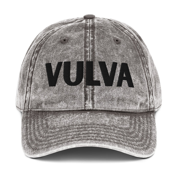VULVA Vintage Dad Cap (Black Text), charcoal colorway, front view | MOTHERLODE