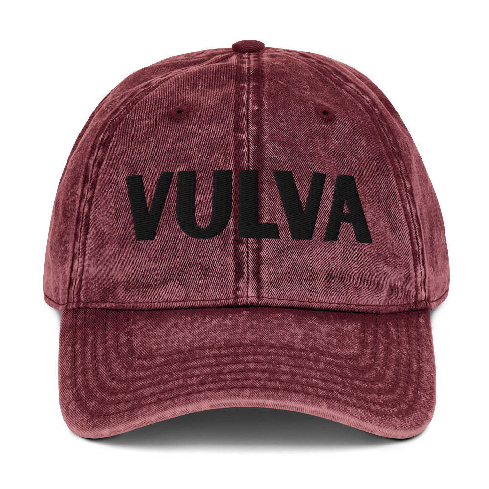 VULVA Vintage Dad Cap (Black Text), maroon colorway, front view | MOTHERLODE