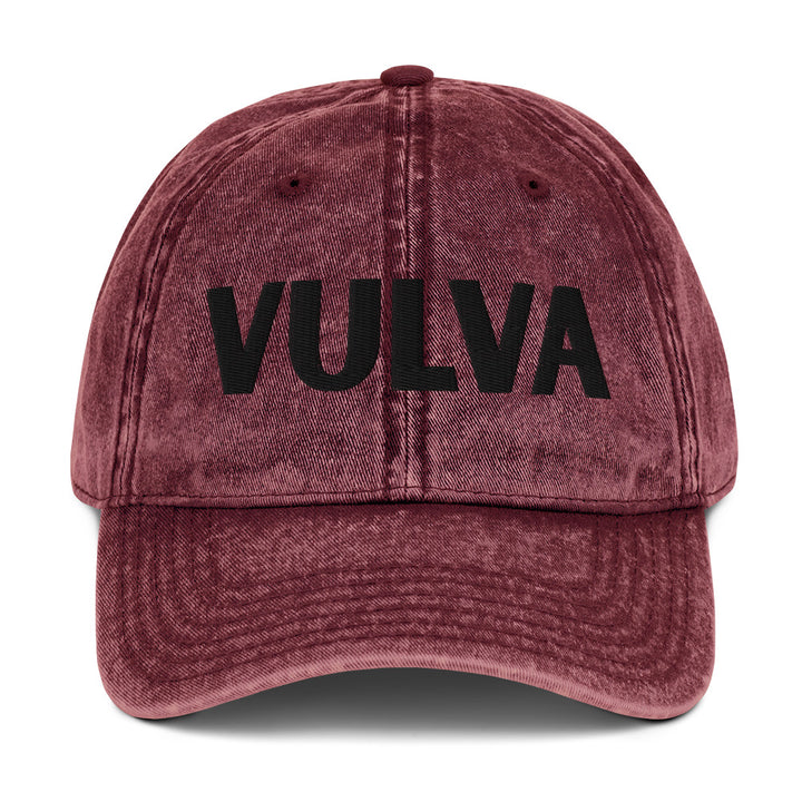 VULVA Vintage Dad Cap (Black Text), maroon colorway, front view | MOTHERLODE