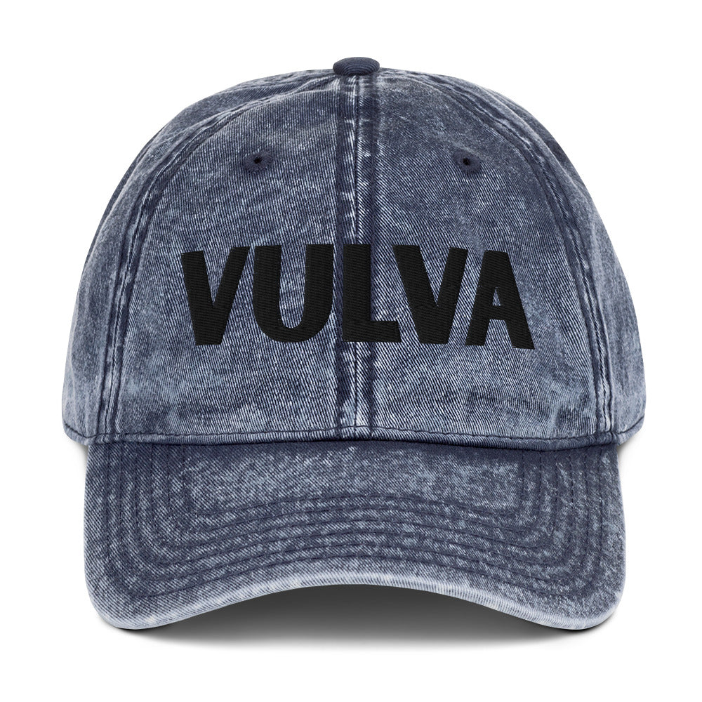 VULVA Vintage Dad Cap (Black Text), navy colorway, front view | MOTHERLODE