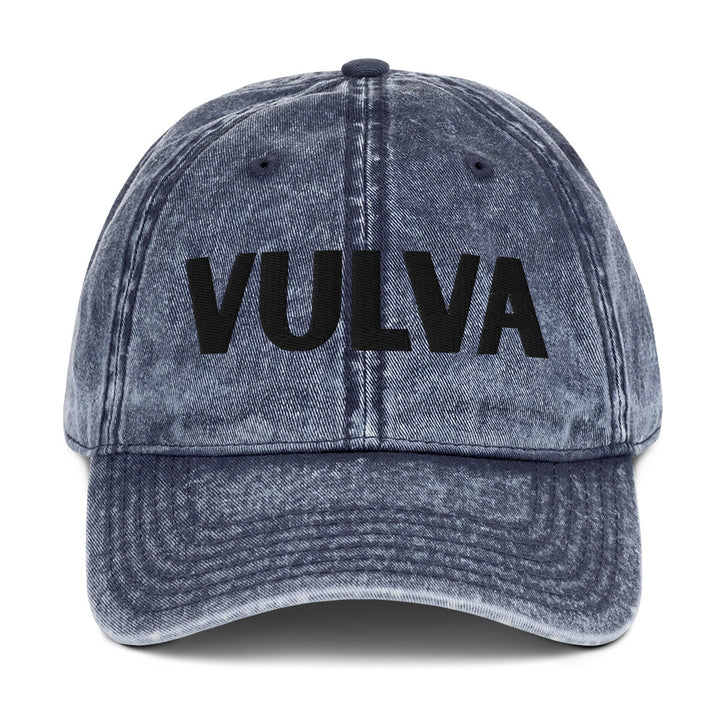 VULVA Vintage Dad Cap (Black Text), navy colorway, front view | MOTHERLODE