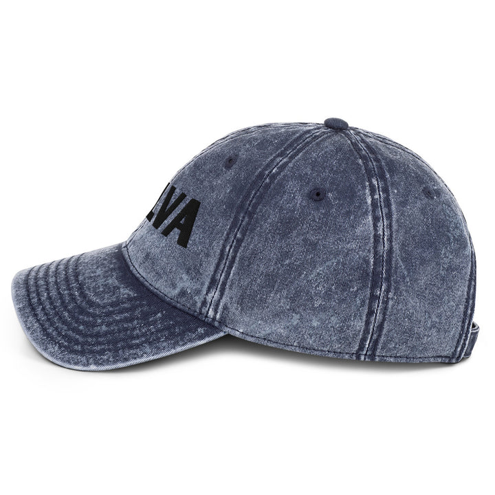 VULVA Vintage Dad Cap (Black Text), navy colorway, left side view | MOTHERLODE