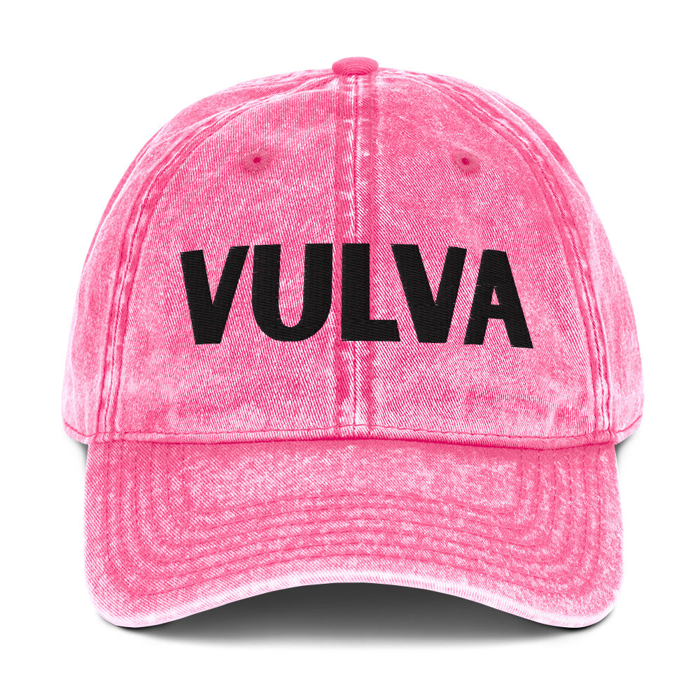 VULVA Vintage Dad Cap (Black Text), pink colorway, front view | MOTHERLODE