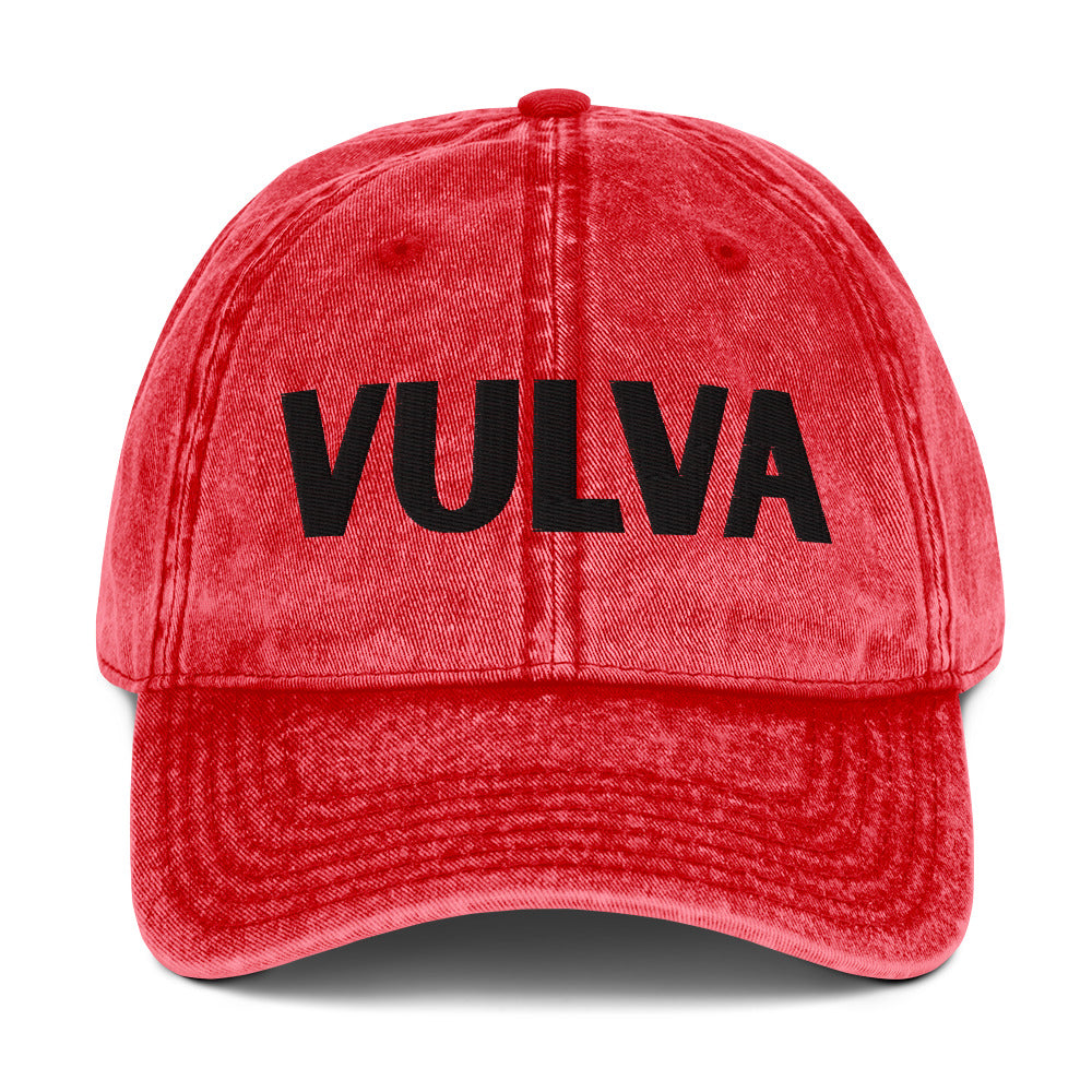 VULVA Vintage Dad Cap (Black Text), red colorway, front view | MOTHERLODE