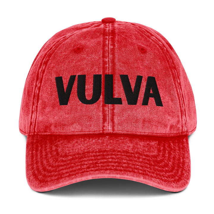 VULVA Vintage Dad Cap (Black Text), red colorway, front view | MOTHERLODE