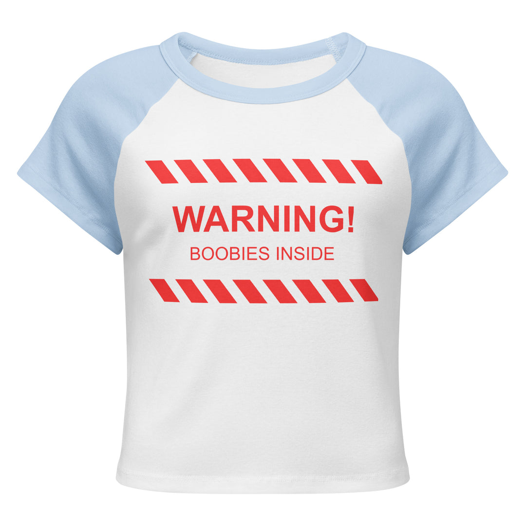 "WARNING! Boobies Inside" Cropped Baby Tee, blue colorway, front view | MOTHERLODE