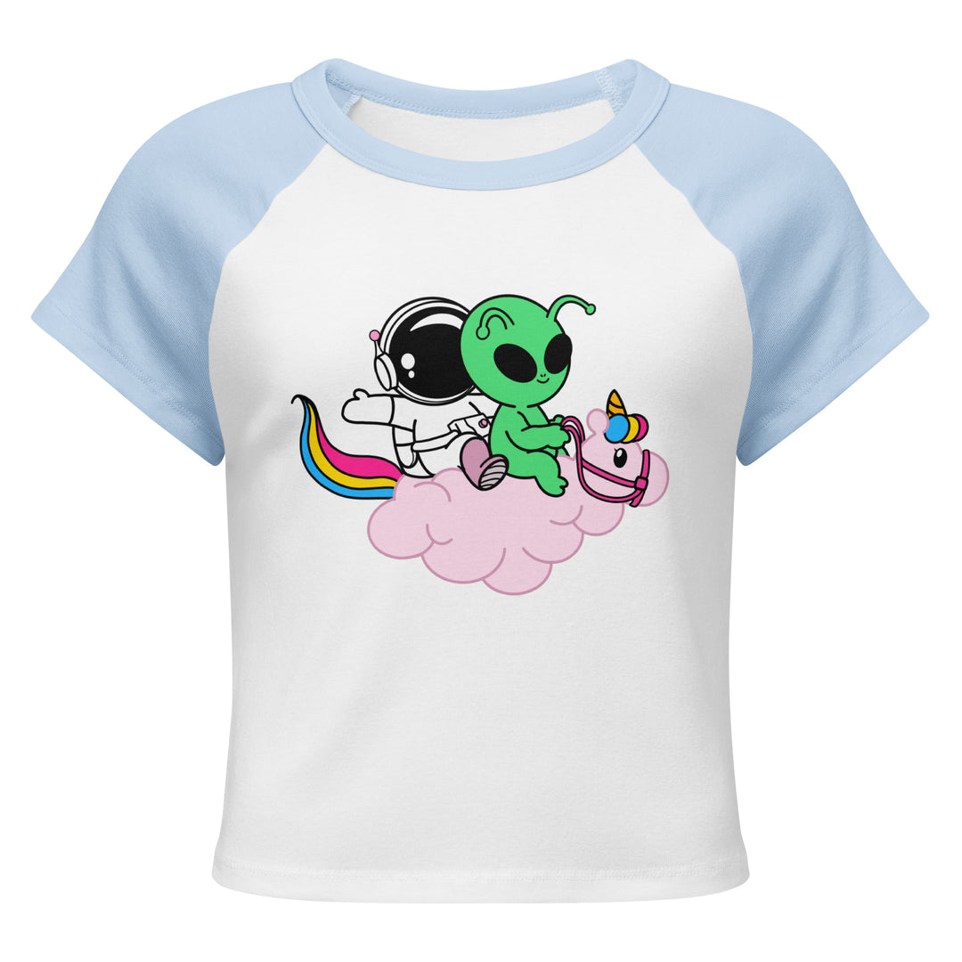 Cosmo, Quim &amp; Nova Mascot Cropped Baby Tee, blue colorway, front view | MOTHERLODE