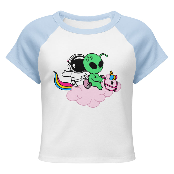 Cosmo, Quim &amp; Nova Mascot Cropped Baby Tee, blue colorway, front view | MOTHERLODE