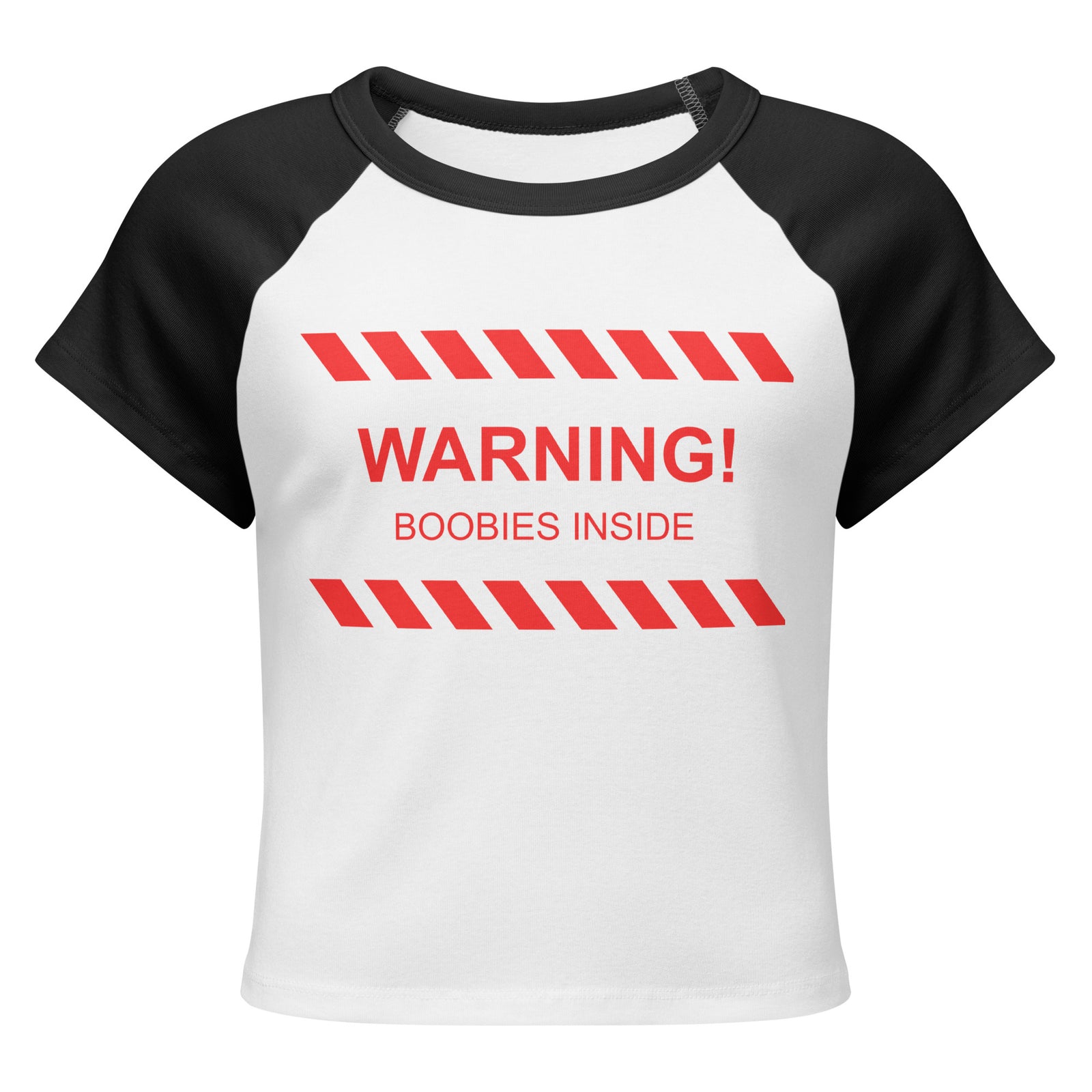 "WARNING! Boobies Inside" Cropped Baby Tee, black colorway, front view | MOTHERLODE