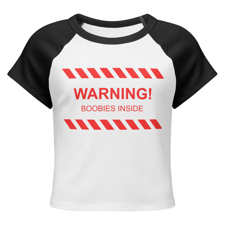 "WARNING! Boobies Inside" Cropped Baby Tee, black colorway, front view | MOTHERLODE