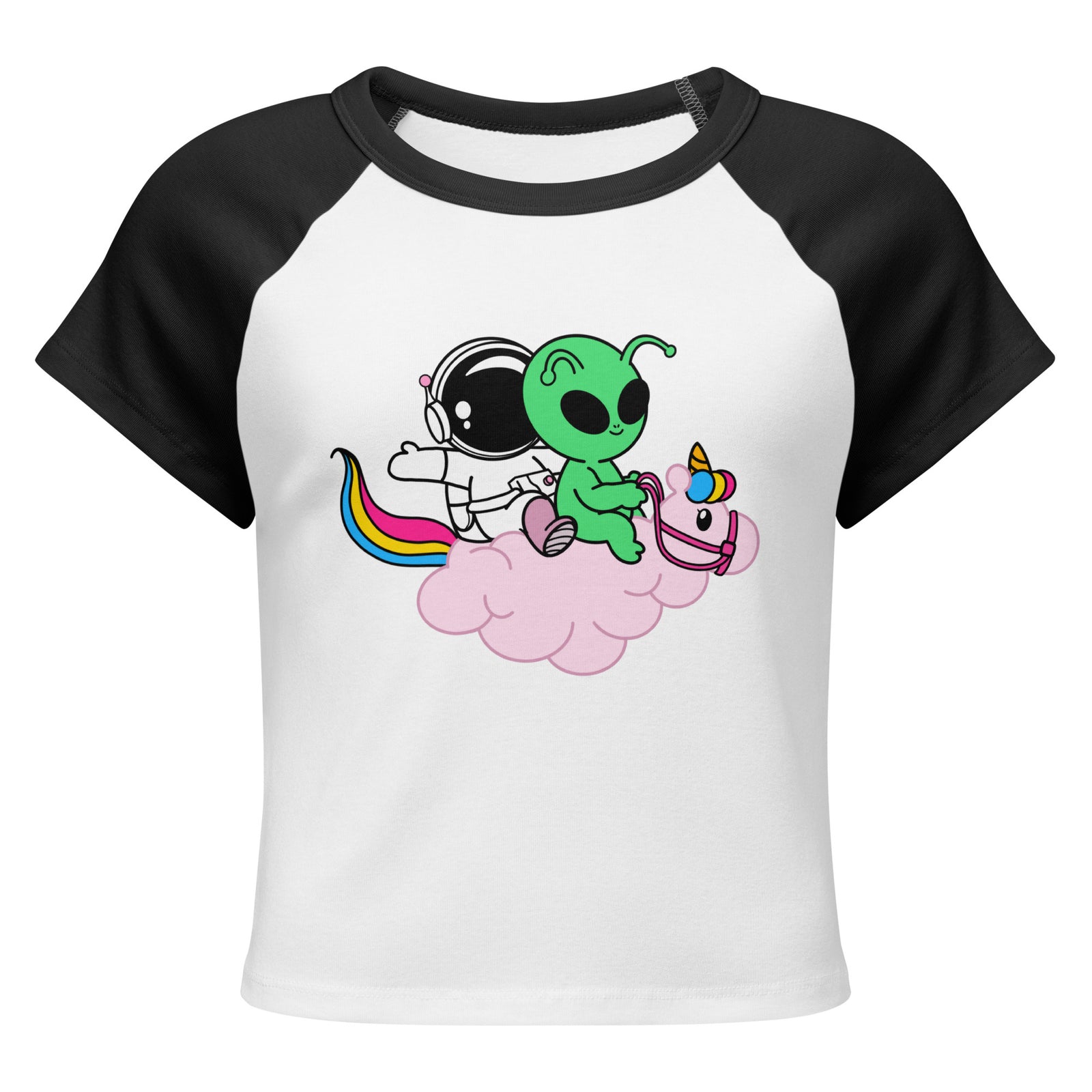 Cosmo, Quim & Nova Mascot Cropped Baby Tee, black colorway, front view | MOTHERLODE