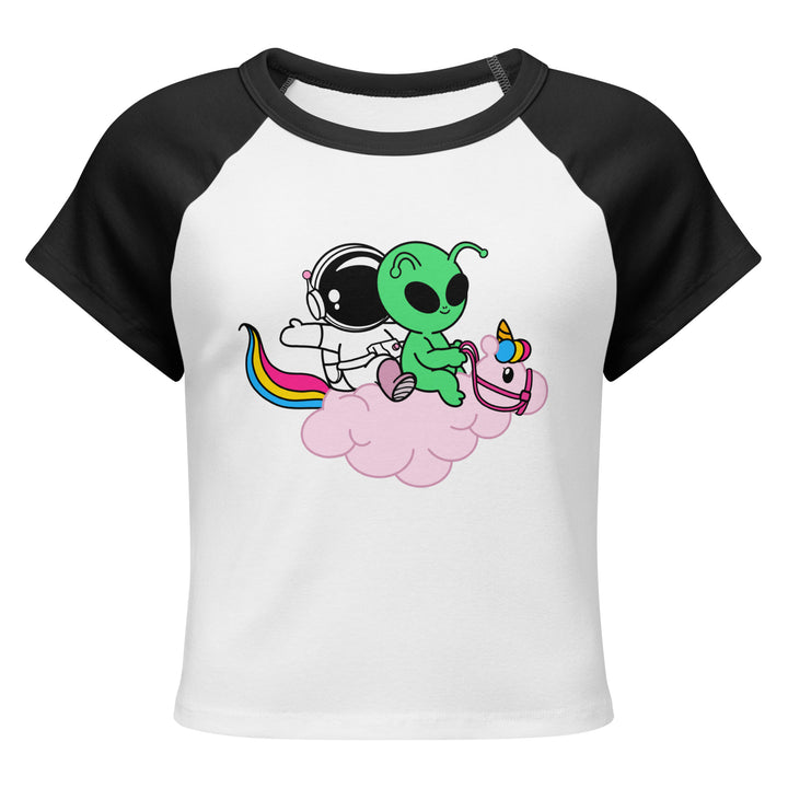 Cosmo, Quim &amp; Nova Mascot Cropped Baby Tee, black colorway, front view | MOTHERLODE