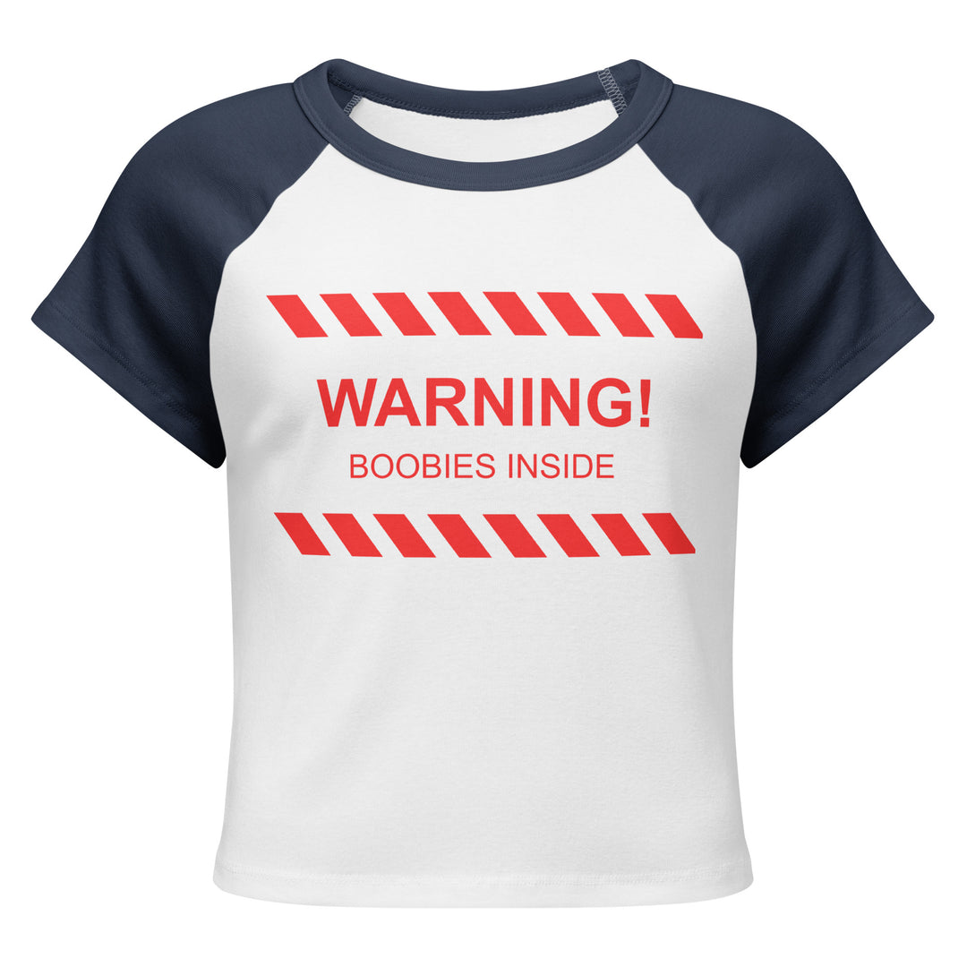 "WARNING! Boobies Inside" Cropped Baby Tee, navy colorway, front view | MOTHERLODE