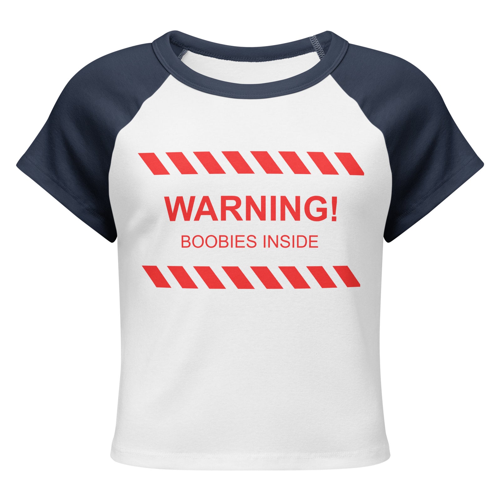 "WARNING! Boobies Inside" Cropped Baby Tee, navy colorway, front view | MOTHERLODE