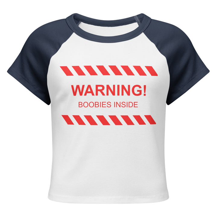 "WARNING! Boobies Inside" Cropped Baby Tee, navy colorway, front view | MOTHERLODE