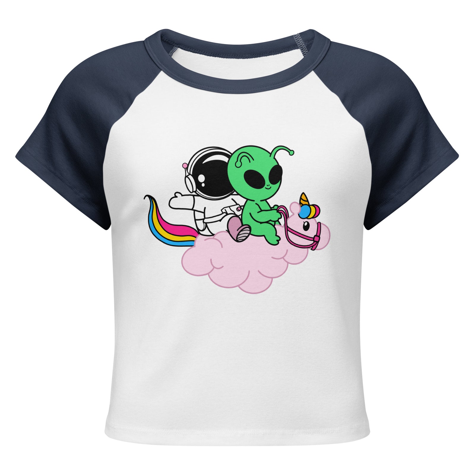 Cosmo, Quim & Nova Mascot Cropped Baby Tee, navy colorway, front view | MOTHERLODE
