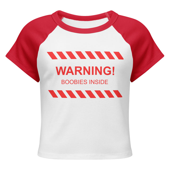 "WARNING! Boobies Inside" Cropped Baby Tee, red colorway, front view | MOTHERLODE
