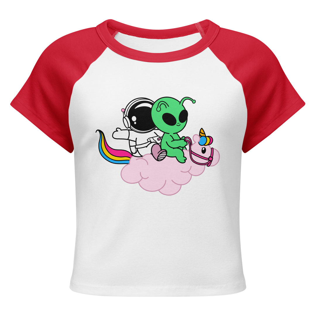 Cosmo, Quim &amp; Nova Mascot Cropped Baby Tee, red colorway, front view | MOTHERLODE
