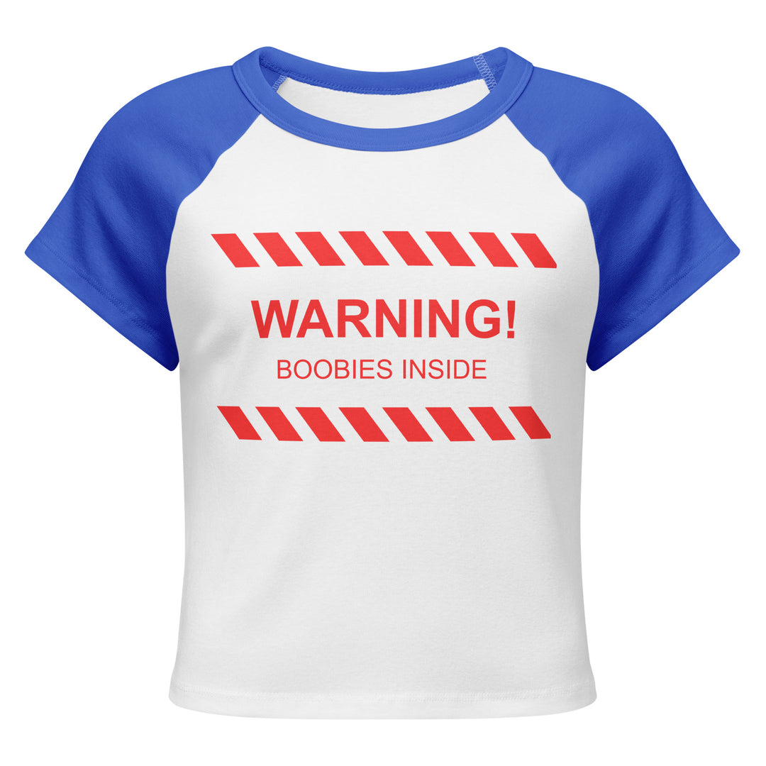 "WARNING! Boobies Inside" Cropped Baby Tee, white colorway, front view | MOTHERLODE