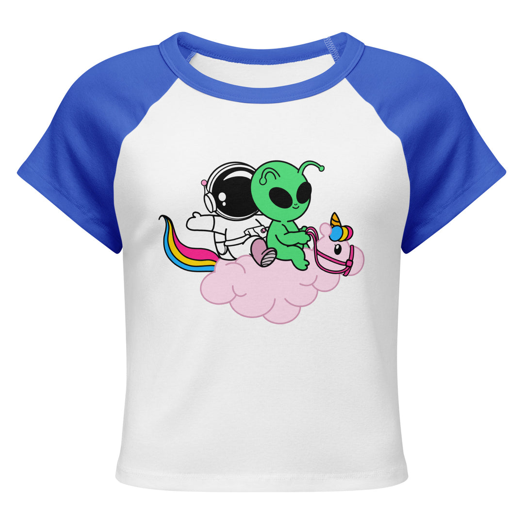 Cosmo, Quim &amp; Nova Mascot Cropped Baby Tee, white colorway, front view | MOTHERLODE