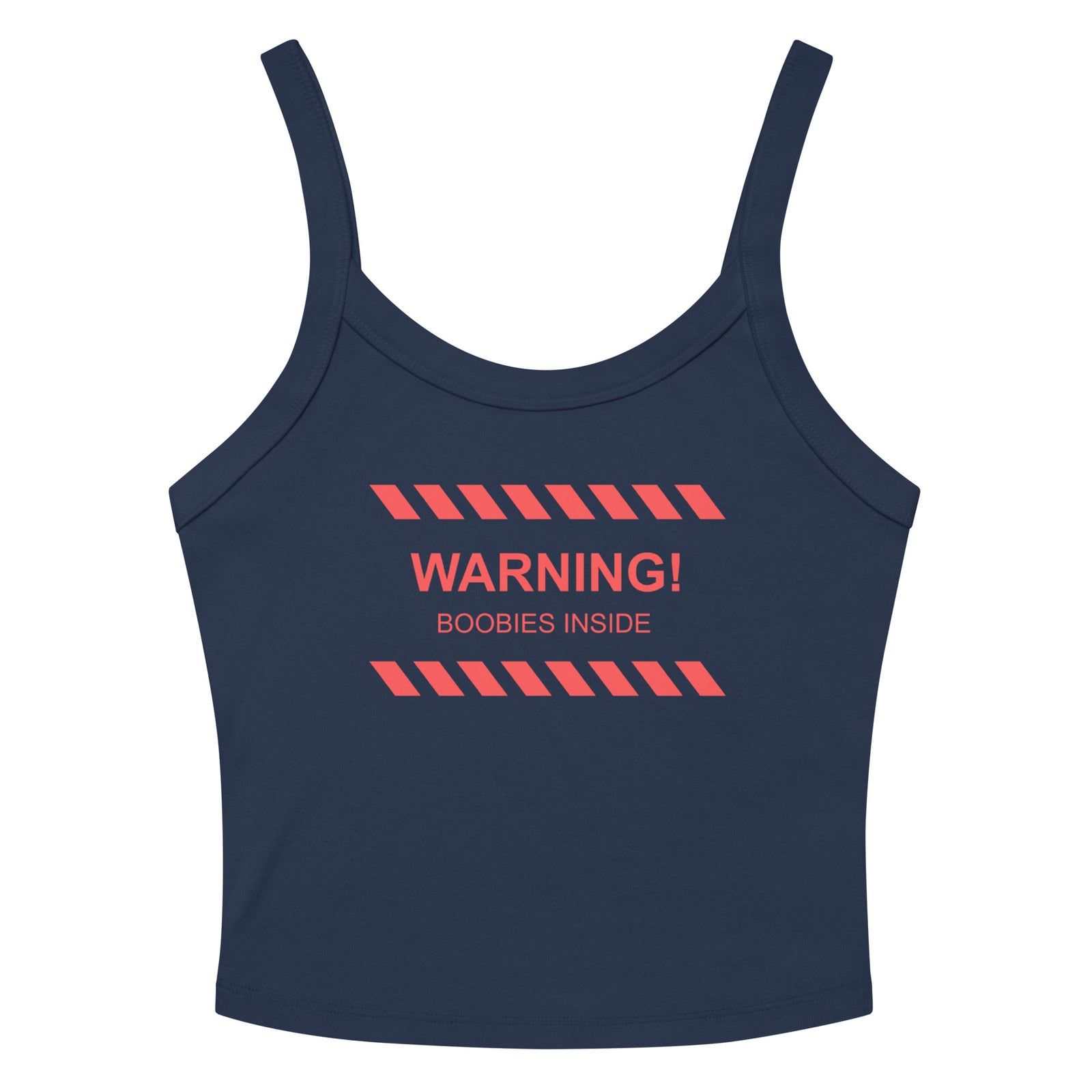 "WARNING! Boobies Inside"  Micro Rib Tank Top, navy colorway, front view | MOTHERLODE